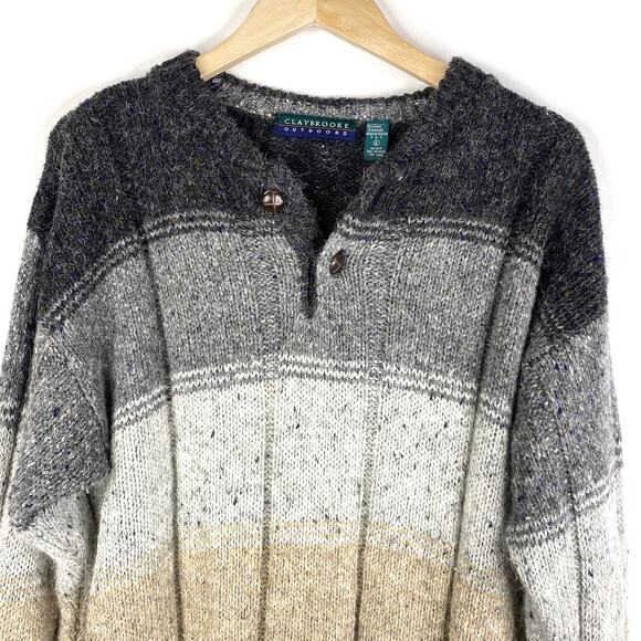 Vintage Claybrooke Outdoors Wool Blend Sweater Mens L Gray Beige Henly Pullover - Picture 1 of 8